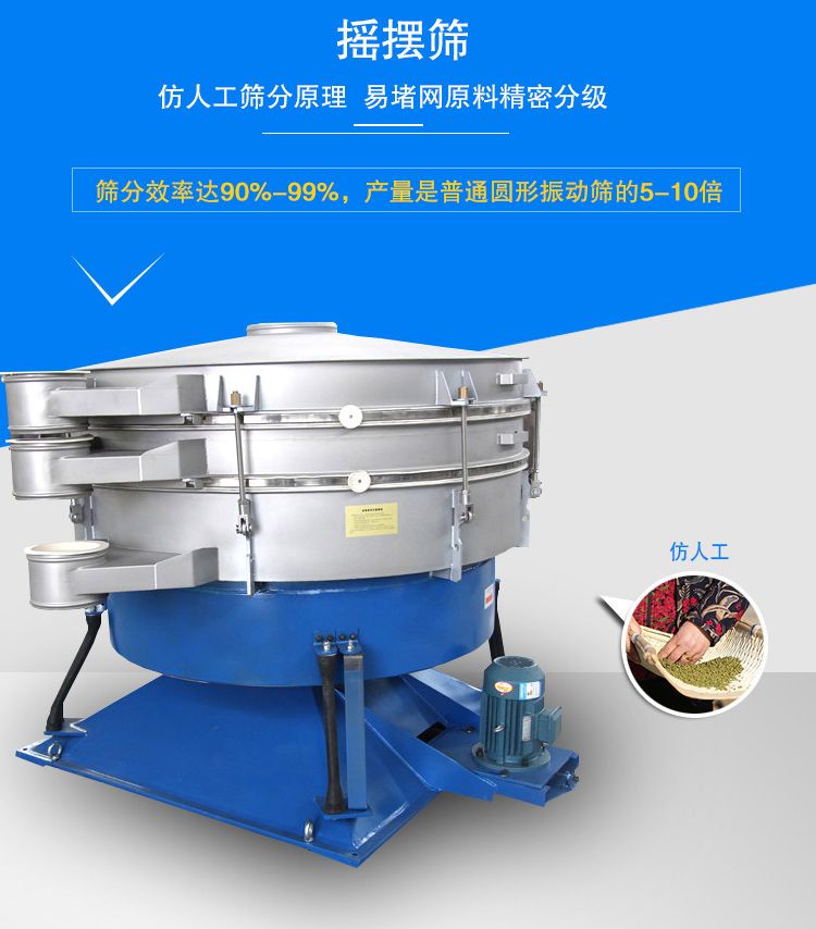搖擺篩適合精細(xì)和超細(xì)范圍的粉末和微粒狀物料，產(chǎn)量大、精度高